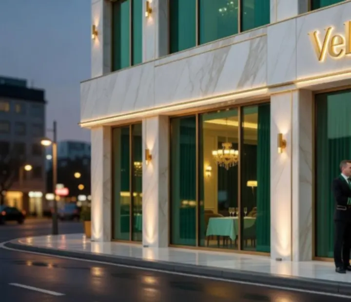 Večerný exteriér prémiovej reštaurácie Velmoorio s elegantným osvetlením